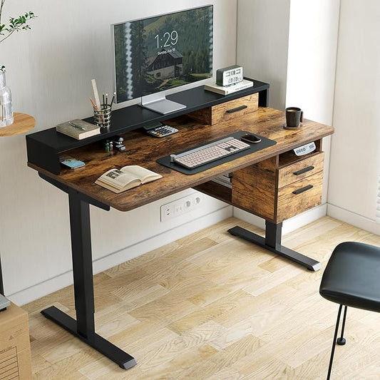 FEZIBO Electric Standing Desk 48 x 24 Inch with Monitor Shelf, 3 Drawers and Open Storage, Home Office Computer Workstation, Rustic Brown, 2 Packages
