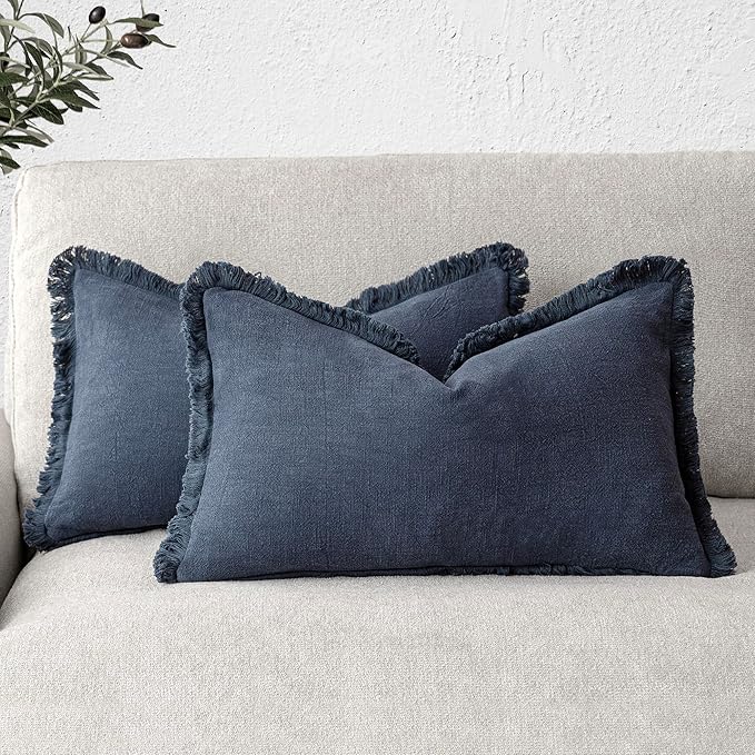 Foindtower Set of 2 Decorative Linen Fringe Throw Pillow Covers Boho Farmhouse Cushion Cover with Tassels Accent Pillowcase for Couch Bed Sofa Living Room Home Bedroom Decor, 12×24 Inch, Navy Blue