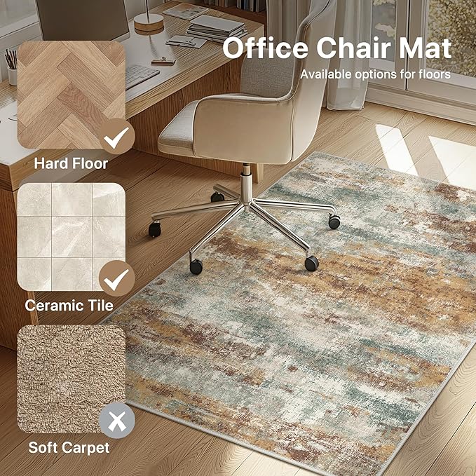 Office Chair Mat for Hardwood Tile Floor, Abstract 36"X 48" Desk Mats for Office Chair on Rolling Chairs Carpet, Desk Anti-Slip 1/5" Thick Rug for Computer Chair, Thin Low-Pile Floor Mat, Orange Sage