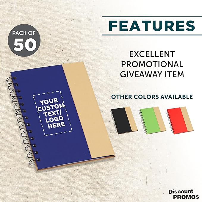 DISCOUNT PROMOS Custom Eco Friendly Spiral Notebooks with Pens Set of 50, Personalized Bulk Pack - Perfect for School, Office, Home - Blue
