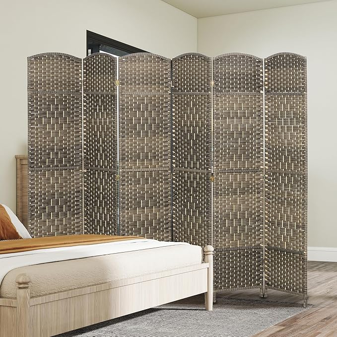 HOMCOM 6 Panel Room Divider, 6' Tall Folding Privacy Screen, Hand-Woven Freestanding Wall Partition for Home Office, Bedroom, Dark Rustic Oak