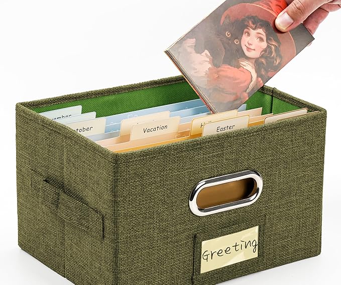Remowith Greeting Card Organizer and Storage Box with 20 Pcs Adjustable Dividers, Storing Cards with 84 Pcs Labels Perfect for Storing Greeting Cards, Envelopes, Photos 1 Pack Olive Green