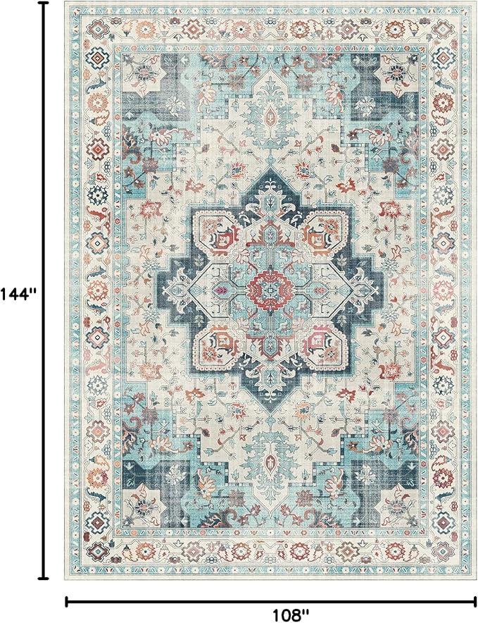 GENIMO 9x12 Area Rugs for Living Room, Machine Washable Non Slip Rugs, Low Pile Lightweight Vintage Print Rug for Bedroom, Dining Room, Home Office, Cyan/White