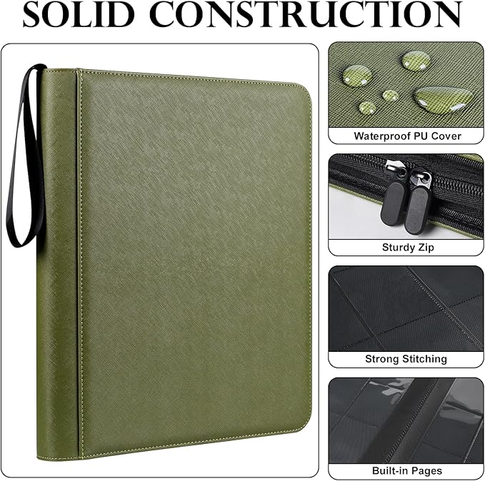 GEAoffice Side Loading 9 Pockets Top Loader Binder Holds 324 Cards, Waterproof PU Leather Trading Card Binder for Toploader, Card Collection Album Folder for MTG, TCG, Sports Cards, Green