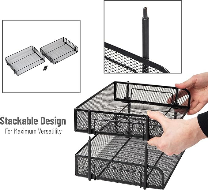 Mind Reader Stackable Paper Tray, Desktop Organizer, File Storage, Office, Metal Mesh, 13.5" L x 10" W x 7.25" H, 2 Pcs., Black
