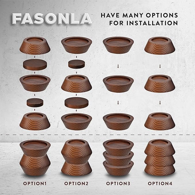 FASONLA Bed Risers, Furniture Risers (Set of 8-Height 1") Can be Adjusted to 2'' 3''or 4'', Lifts Furniture Risers, Solid Natural Wood Risers, Non-Slip Recessed Hole (Walnut Color)