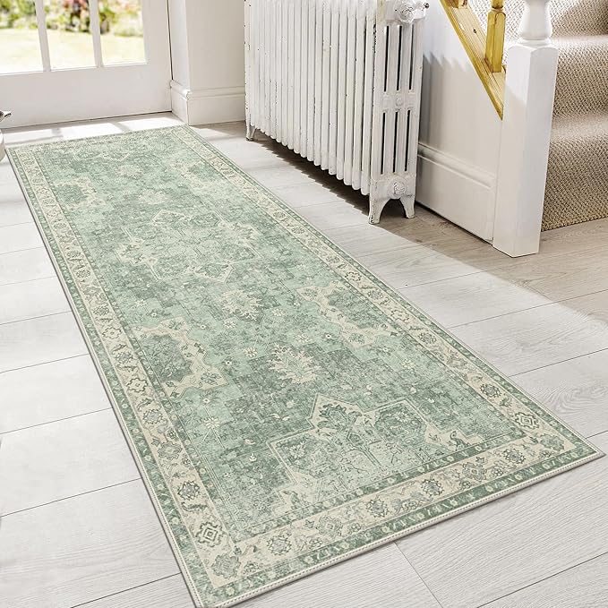 GENIMO 2'6''x6 Runner Rugs for Hallway, Machine Washable Non Slip Vintage Rugs, Low Pile Lightweight Soft Print Rug for enrtyway, Corridor, Home Office, Kitchen, Light Green