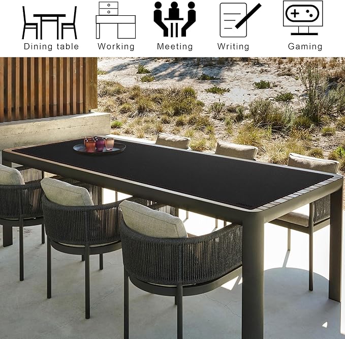 ZORESYN PU Leather Desk Mat Waterproof Anti-Oil Dining Table mat - 70.9" x 23.6" - Large Mouse Pad with Suede Base,Stitched Edges Office Desk Pad for Office & Home | Black