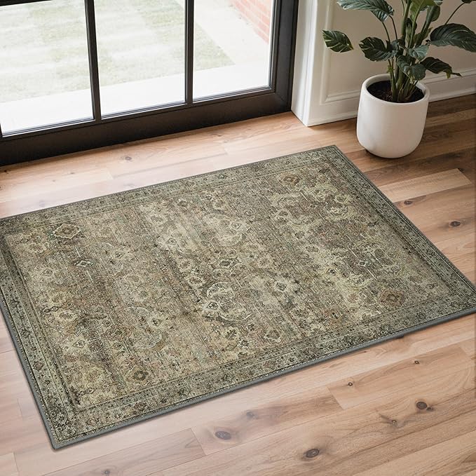 GENIMO 2x3 Area Rugs for Living Room, Machine Washable Non Slip Vintage Rugs, Low Pile Lightweight Chenille Print Rug for Bedroom, Dining Room, Home Office, Green Khaki