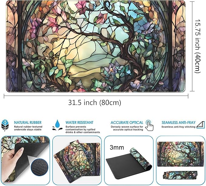 Stained Glass Tree Desk Mat Cartoon Tree Gaming Mouse Pad Large XXL Extended Desk Matt for Desktop, Laptop Computer Keyboard Mouse Mat for Women Office Decor Accessories Deskmat 31.5''x15.7''