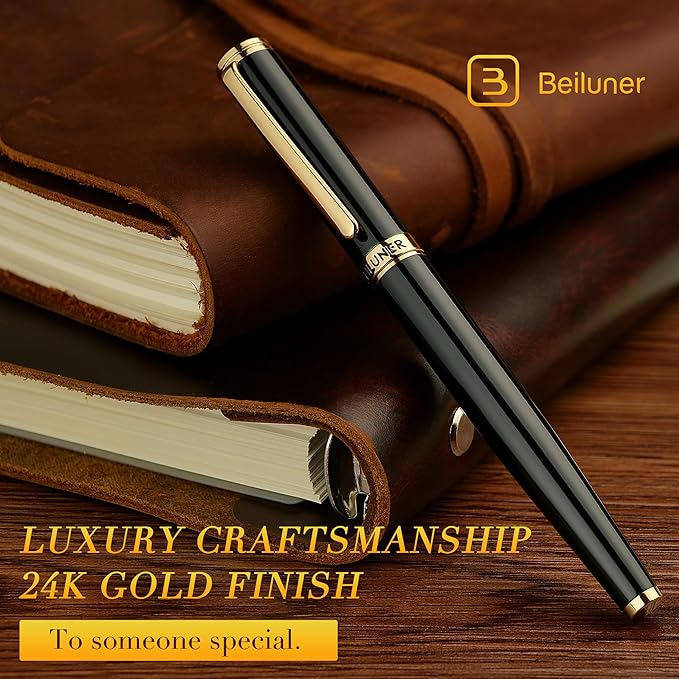 BEILUNER Black Fountain Pen,Stunning Luxury Pens with 24K Gold Accents, Gorgeous 24K Gilded Nib(Extra Fine), Fancy Pen Gift for Men&Women -Ink Converter-Elegant, Reliable,Christmas Presents, Nice Pen