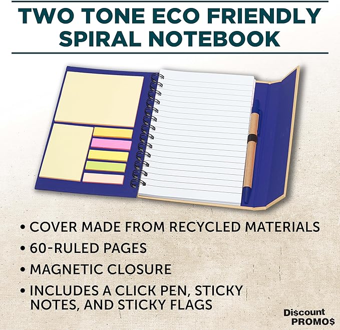 DISCOUNT PROMOS Eco Friendly Spiral Notebooks with Pens Set of 10, Bulk Pack - Perfect for School, Office, Home - Blue