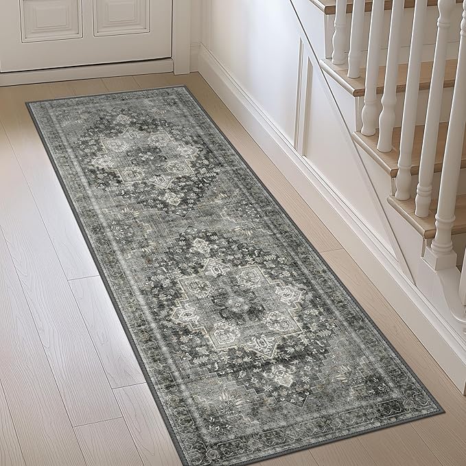 GENIMO 2x6 Runner Rugs for Hallway, Machine Washable Non Slip Vintage Rugs, Low Pile Lightweight Soft Print Rug for enrtyway, Corridor, Home Office, Kitchen, Charcoal Gray