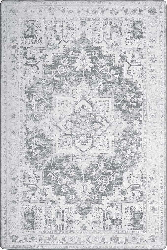 GENIMO 8x10 Area Rugs for Living Room, Machine Washable Vintage Non Slip Rugs, Low Pile Lightweight Chenille Print Rug for Bedroom, Dining Room, Home Office, Gray/White