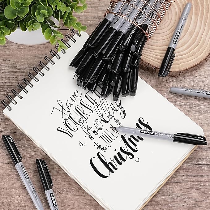 WOSWEL Permanent Markers Bulk, Ultra Fine Point, 48 Pack Black Permanent Marker set, Felt Tip Pens Works on Plastic, Wood, Stone, Metal and Glass for Doodling, Marking