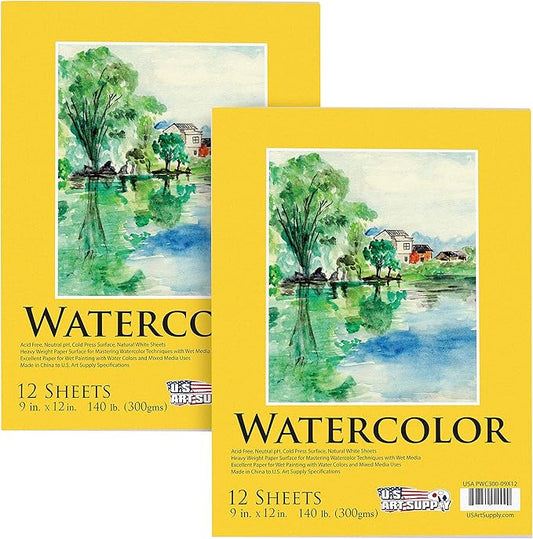 U.S. Art Supply 9" x 12" Premium Heavyweight Watercolor Paper Pad, Pack of 2 (12 Sheets Each), 140lb (300gsm) - Cold Pressed, Acid-Free, Wet, Water Color Paper - for Artists, Students