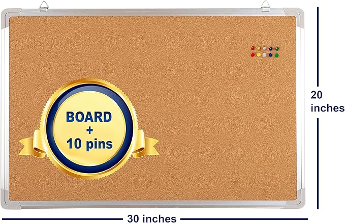 Cork Board Set for Wall - Bulletin Corkboard 30 x 20 in with 10 Thumb Tacks - Wall Hanging Message Memo Pin Board Tackboard Organizer for Home, Office, Desk and Cubicle (30x20 in)