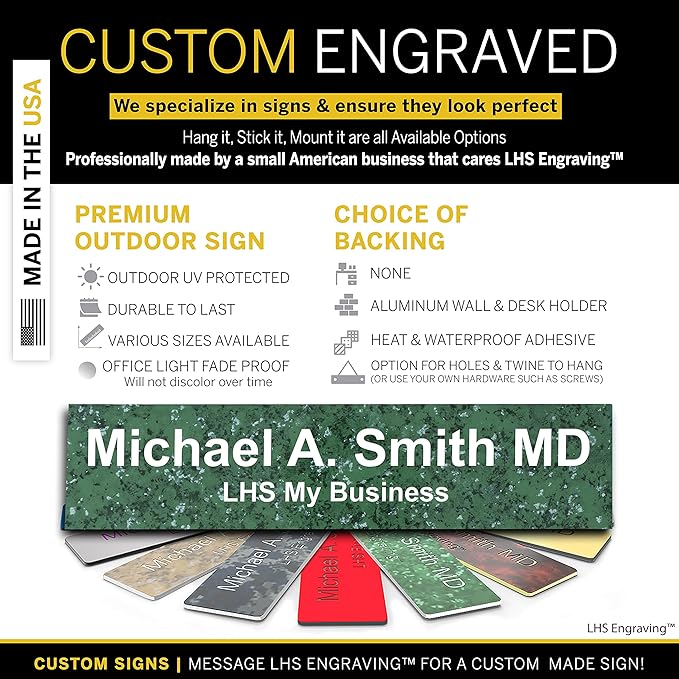 Engraved Name Plates for Door Sign Personalized Green Marble Plastic Plaque with White Letters - Made in USA 2x6 S4