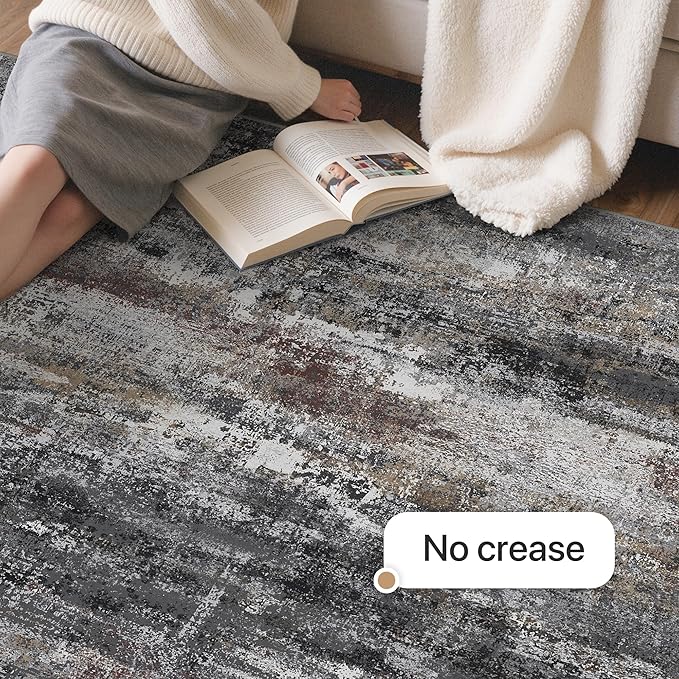 GENIMO No Crease Non Slip 8x10 Area Rugs for Living Room, Craft Woven Modern Abstract Rug, Soft Floor Carpet, Single-Piece Rugs for Bedroom, Dining Room, Office, Dark Gray Brown