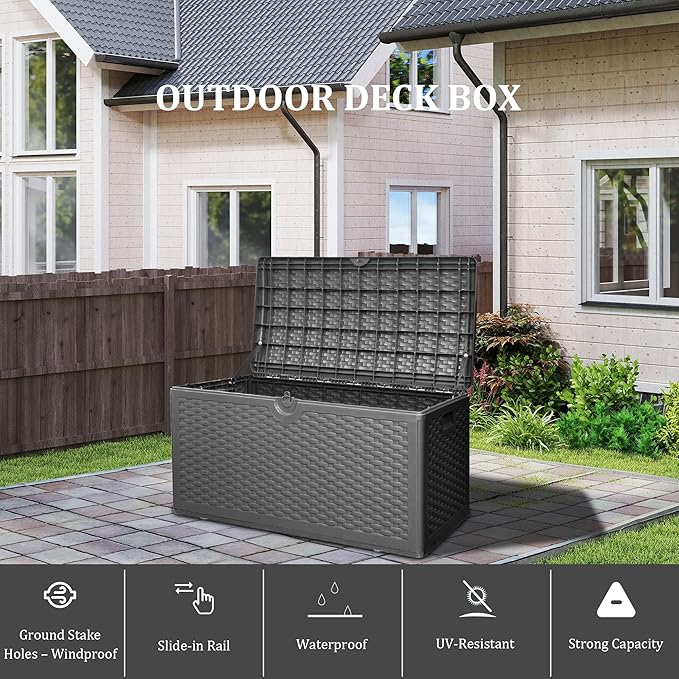PATIOEASY 80GAL Deck Box - Black,utdoor Cushions, Throw Pillows,Waterproof Patio Storage Box Covers