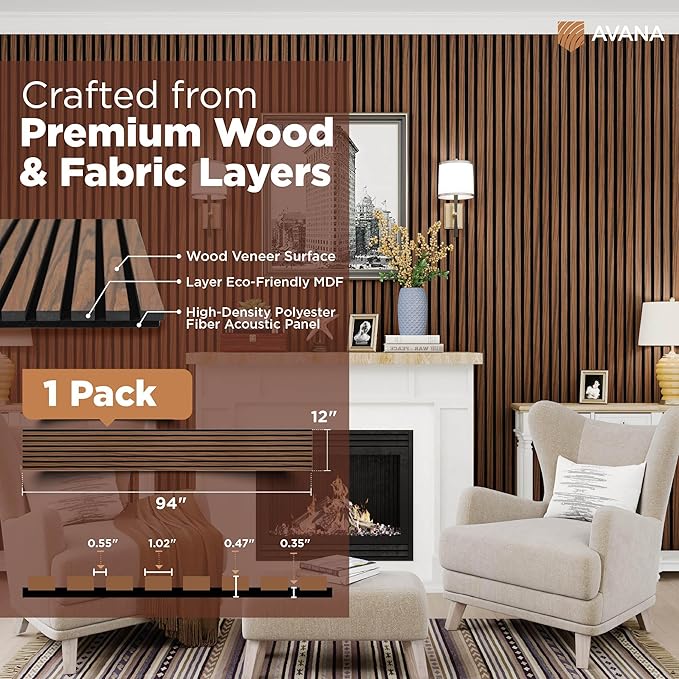 Avana Acoustic Wood Wall Panels – 94.4 X 12.6 Inch Walnut Acoustic Panels 1 PC – Wall Panels For Interior Wall Decor For Homes, Offices, Studios – Sturdy And Durable Wood Panels For Wall