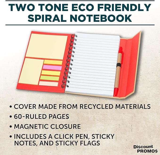 DISCOUNT PROMOS Eco Friendly Spiral Notebooks with Pens Set of 10, Bulk Pack - Perfect for School, Office, Home - Red