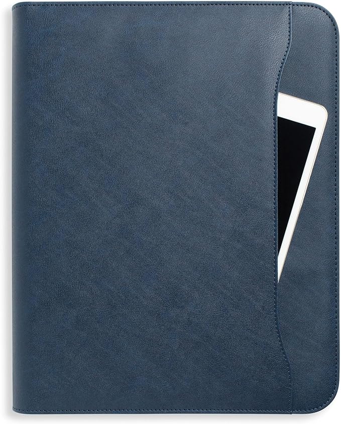 Forevermore Portfolios Padfolio Binder - Professional Faux Leather Travel Organizer Pouch for Tablet, Documents, Presentation Folders, Zipper Closure, Removable 3-Ring Notepad - Blue