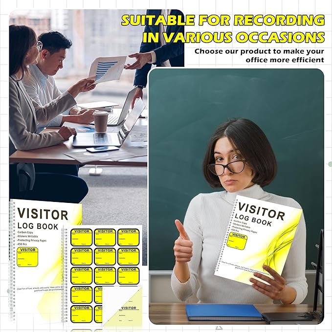 1 Pack Visitor Badges with Carbon Copy Visitor Stickers Letter Size Visitor Log Book Protecting Privacy Pages Register Book Business Guest Name tag for School Clinics Church 450 Badges 60 Memo Pages