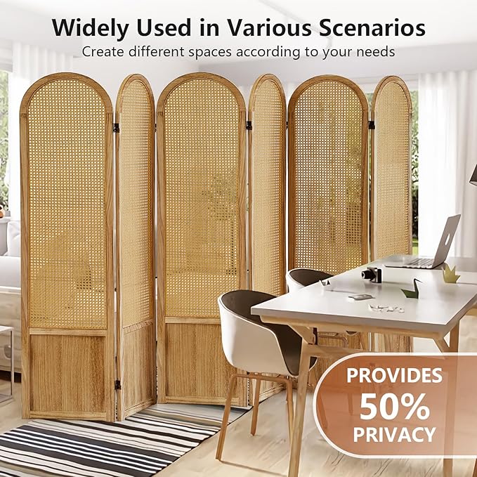 Asnefeli 6 Panels Room Divider, Folding Privacy Screen, Foldable Wood Rattan Room Divider Panel, Portable Partition Screen Wall Divider for Room Separation Bedroom Home Office Garden Terrace (Natural)