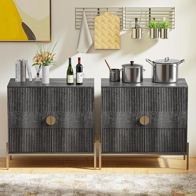 HOCAT 30.7" Accent Cabinet, Modern Buffet Cabinet with Gold Metal Legs, Fluted Sideboard for Dining Room, Kitchen, Darkgrey