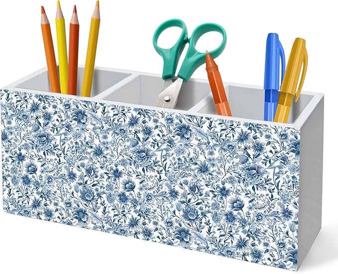 HUKINE Blue and White Chinoiserie Floral Pen Holder for Desk Decoration, Vintage Blue Toile De Jouy Flower Wooden Box Sign Pencil Holder Organizer for Home Office Desk Accessories