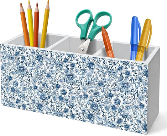 HUKINE Blue and White Chinoiserie Floral Pen Holder for Desk Decoration, Vintage Blue Toile De Jouy Flower Wooden Box Sign Pencil Holder Organizer for Home Office Desk Accessories