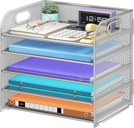 Cawukege 5 Tier Paper Organizer with Handle, Metal Mesh Desk Organizer File Folder Paper Letter Tray Desktop Document Sorter for Classroom, School, Office Accessories Organization and Storage - Silver