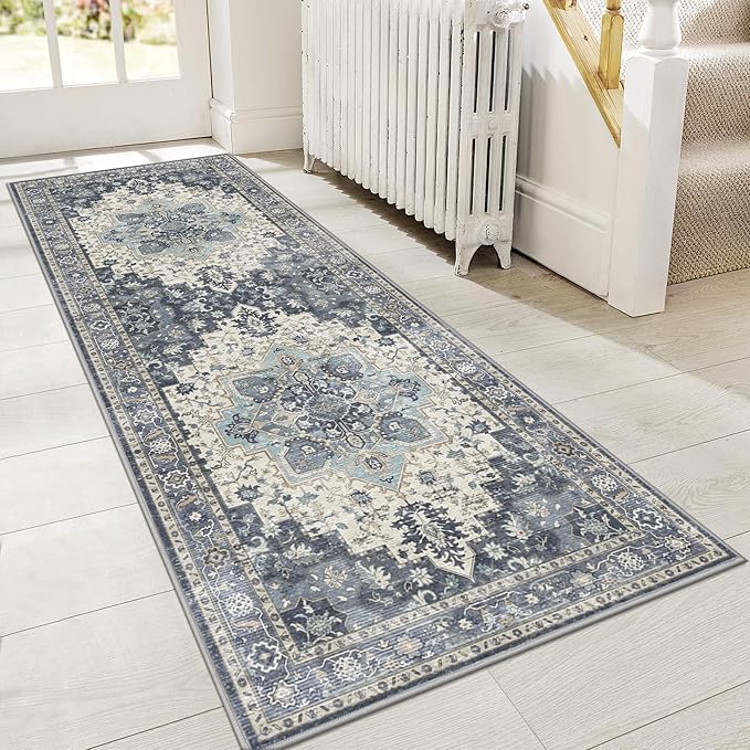 GENIMO 2'6"x10 Runner Rugs for Hallway, Machine Washable Non Slip Vintage Rugs, Low Pile Lightweight Soft Print Rug for enrtyway, Corridor, Home Office, Kitchen, Center Blue