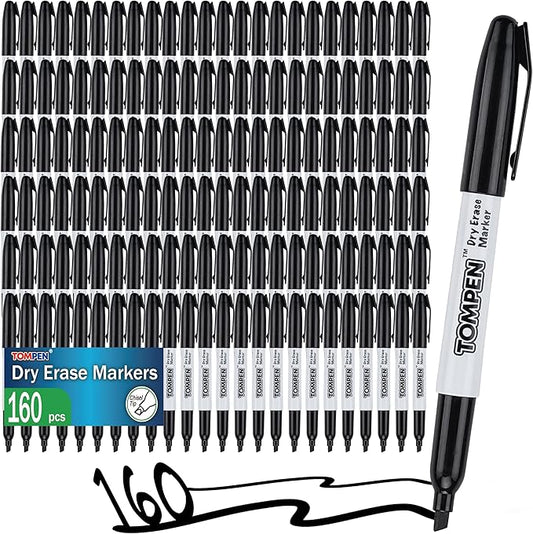 TOMPEN Dry Erase Markers Black,160 Bulk Pack Chisel Tip,Low Odor Quick-Drying Whiteboard Markers for Office Home School Writing Planning