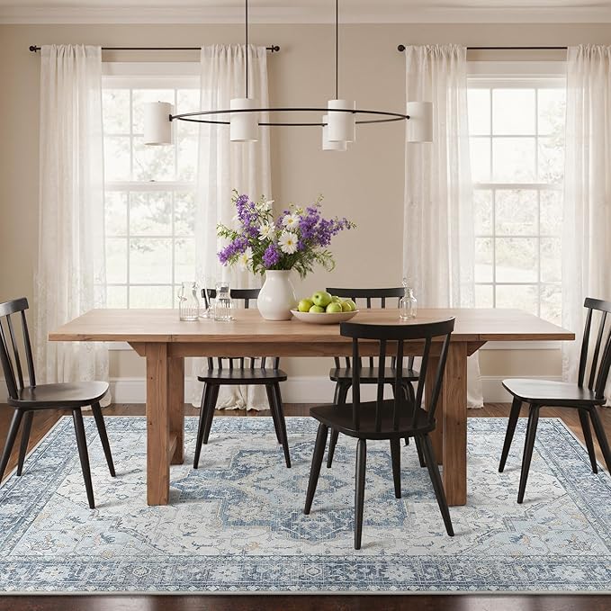 GENIMO 8x10 Area Rugs for Living Room, Machine Washable Non Slip Vintage Rugs, Low Pile Lightweight Chenille Print Rug for Bedroom, Dining Room, Home Office, Light Blue