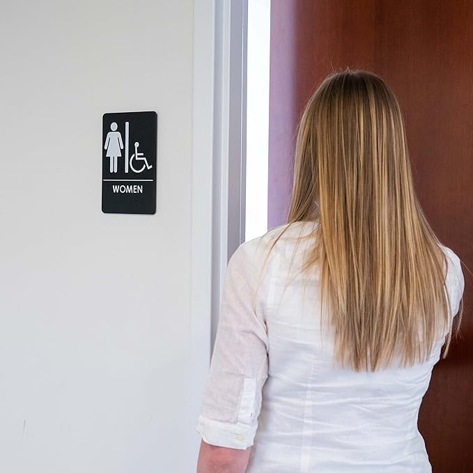 USA Made - Men's and Women's Restroom Signs ADA-Compliant Bathroom Door Signs for Offices, Businesses, and Restaurants, Black, Blue, Grey and Taupe/Tan Colors (Black Handicap)