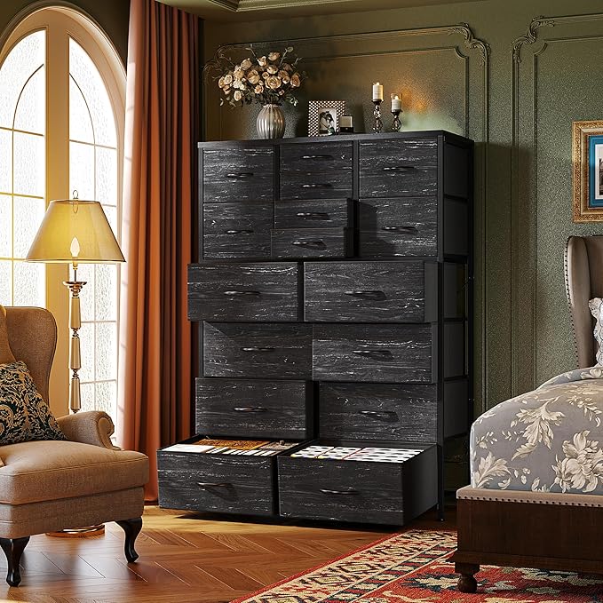 Romorgniz 57“H Dresser for Bedroom with Drawers, Fabric Dressers & Chests of Drawers, Large Black Dresser with Sturdy Metal Frame, Wood Top,Entryway, Hallway