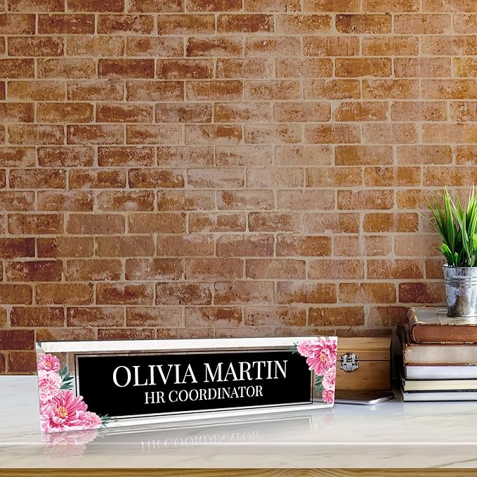 Signs ByLITA Floral Pattern Customized Nameplate | Midnight Bloom Personalized Full Color Acrylic Desk Sign