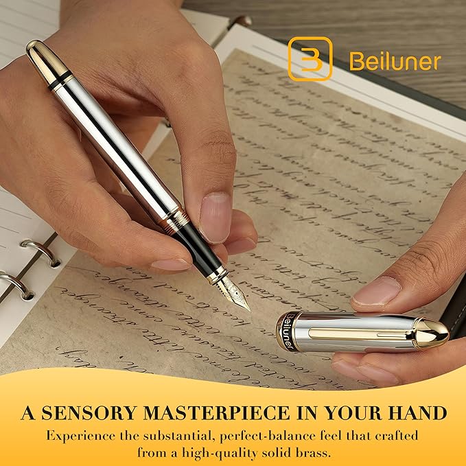BEILUNER 315 Silver Chrome Fountain Pen,Stunning Luxury Pens with 24K Gold Accents, Gorgeous 24K Gilded Nib(Fine), Ink Converter,Fancy Pen Gift for Men&Women-Elegant, Office, Writing, Nice Design