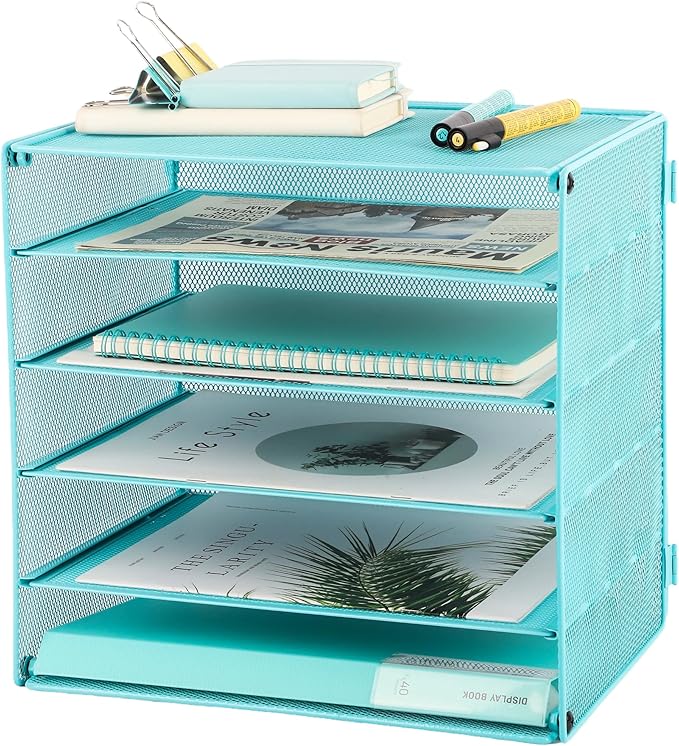 EASEPRES 5 Slot Mesh Desk Organizer Tray, File Paper Letter Folder Holder Desktop Paper Sorter Mail Organization Rack Storage Accessories, for Office Home School Classroom, Blue