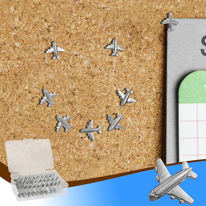 Silver-Tone Airplane Push Pins 30 Pack - Metal Thumb Tacks for Cork Bulletin Board,Photos Wall,Maps,Office and Home Decoration
