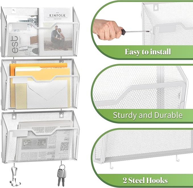 YINGHUA 6 Pack Mesh File Holders Wall Mounted - Durable Metal Hanging Organizer with Hooks - 12.6 Inch Vertical Wall Baskets for Mail Papers Office Home and School Storage - White