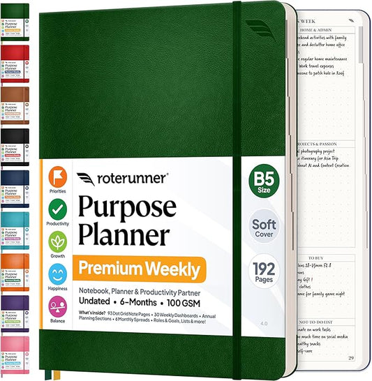 Roterunner Purpose Planner Notebook B5 7.5”x9.8” Undated 2026 Daily Weekly and Monthly Productivity Goal Setting Tool for Work Home ADHD Planner for Adults Self Care Journal