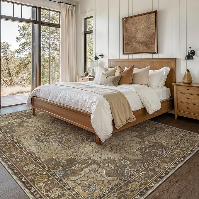 GENIMO 6x9 Area Rugs for Living Room, Machine Washable Non Slip Vintage Rugs, Low Pile Lightweight Chenille Print Rug for Bedroom, Dining Room, Home Office, Rustic Brown
