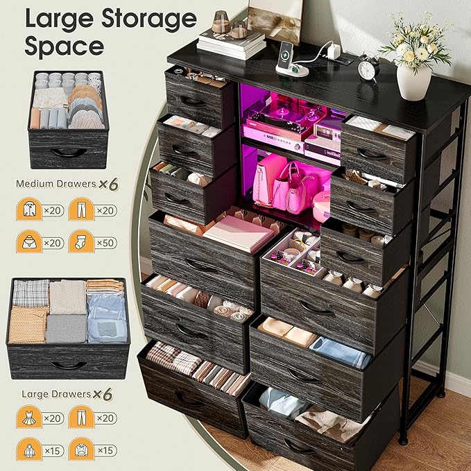 EnHomee Dresser for Bedroom with Charging Station & LED Light, Large Dresser for Hallway, Living Room, Entryway, Metal Frame, Black Dressers & Chest of Drawers, 50.6" H x 37.8" W x 11.8" D