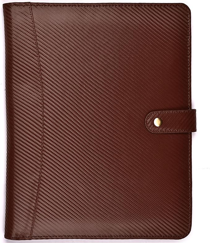 LEATHER VILLAGE Portfolio Professional Organizer– Carbon Fiber Genuine Leather Padfolio Resume Folder for A4 Letter Pad with Pen Holder, Business Card Slots & Writing Pad– Ideal for Men & Women-Brown