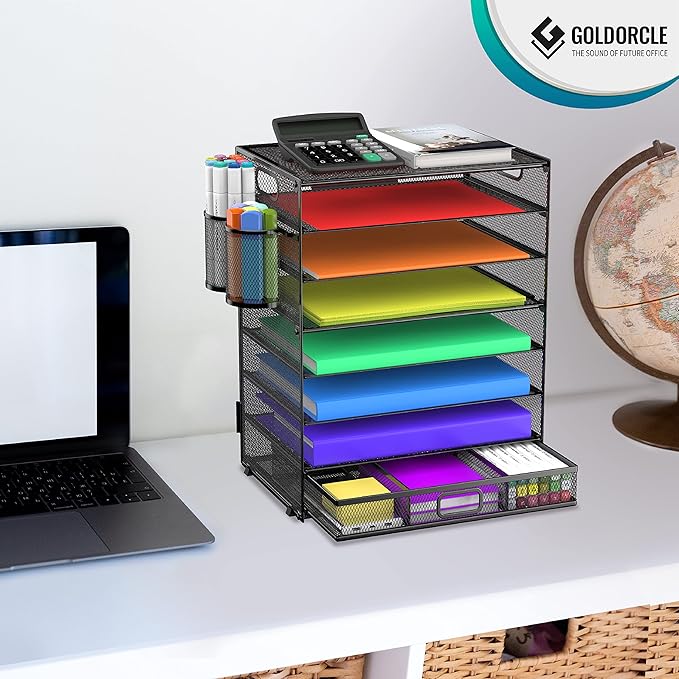 GoldOrcle 8 Tier Paper Letter Tray Organizer with Drawer & 2 Pen Holders, Mesh Desk File Holder Storage Organization for Home School Classroom & Office