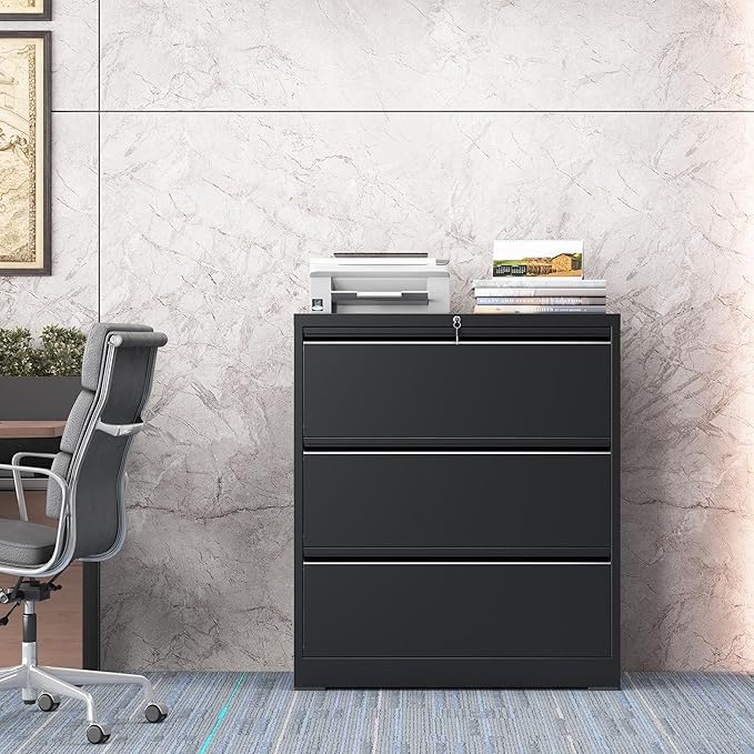mysteeldepot 3 Drawer Lateral File Cabinet for Home Office, Lateral File Cabinets with Lock, Metal File Cabinet, Heavy Duty File Storage Cabinet for Legal/Letter/A4 Document, Assembly Required, Black