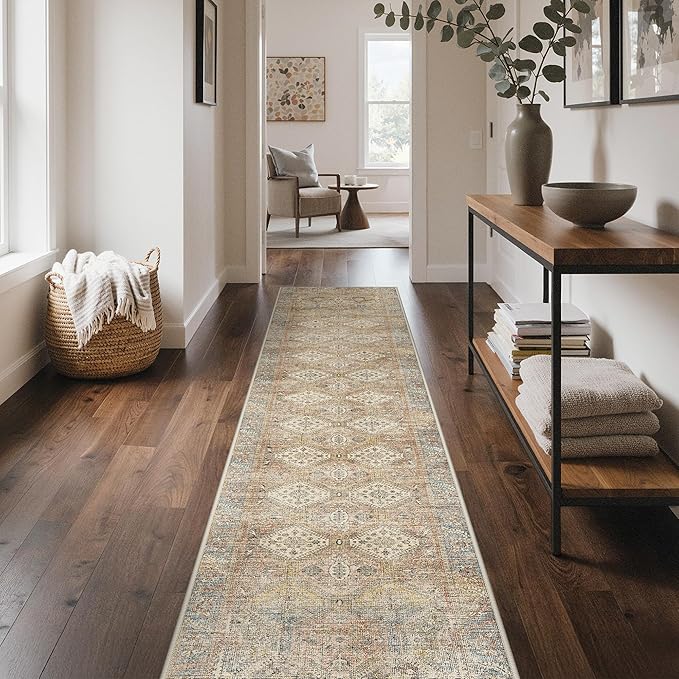GENIMO Runner Rug 2x10 Non Slip Machine Washable Hallway Runner Vintage Rug, Low Pile Lightweight Rugs for Entryway, Hallway, Kitchen and Corridor, Warm Brown